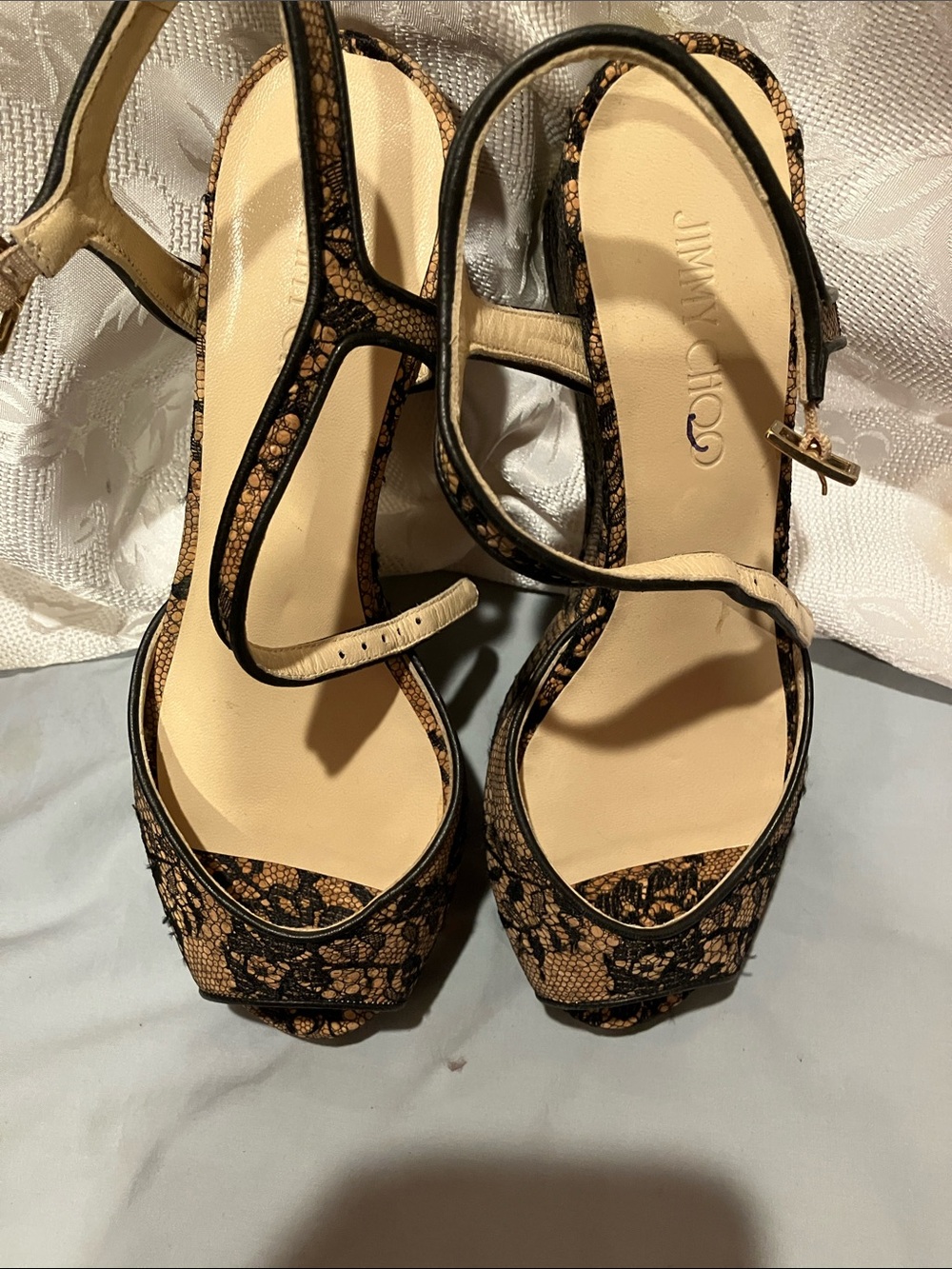 Jimmy Choo Black Lace-Overlay Tan Platform Sandals - Picture 2 of 12
